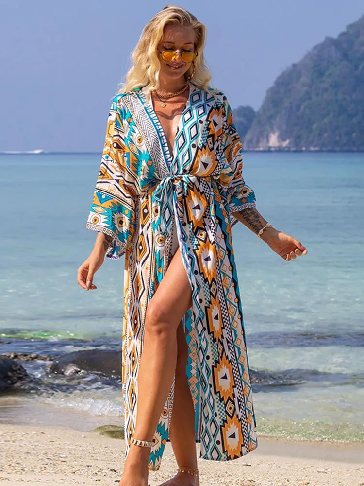 Printed Lace Up Bikini Cover Up