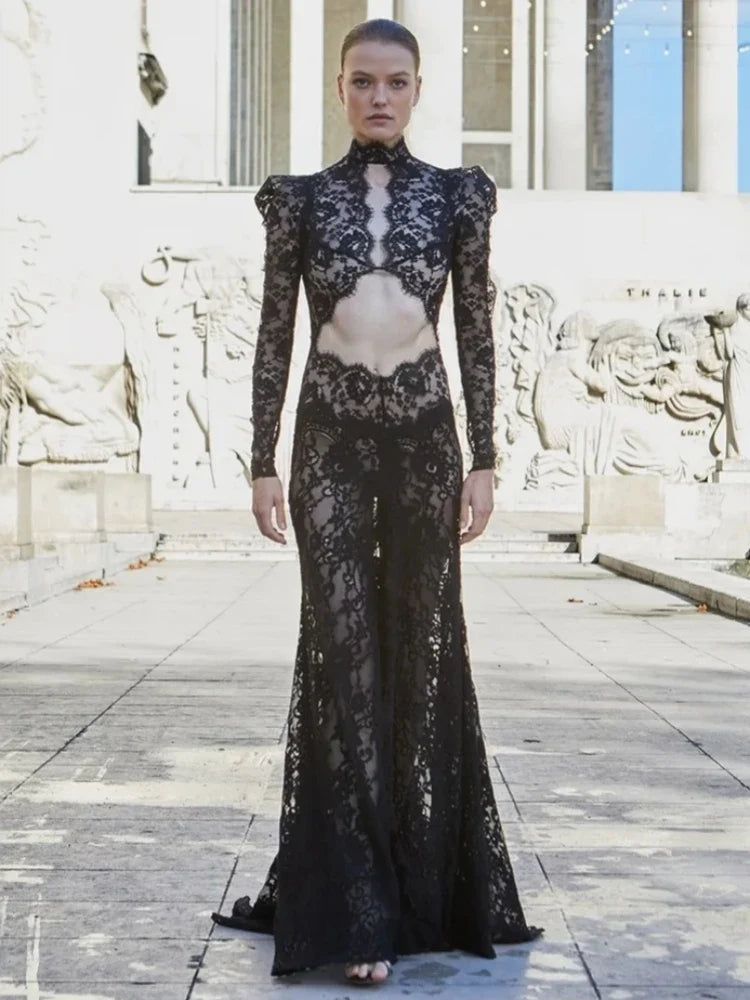 Floral Lace Long-Sleeve Cutout High-Slit Maxi Dress