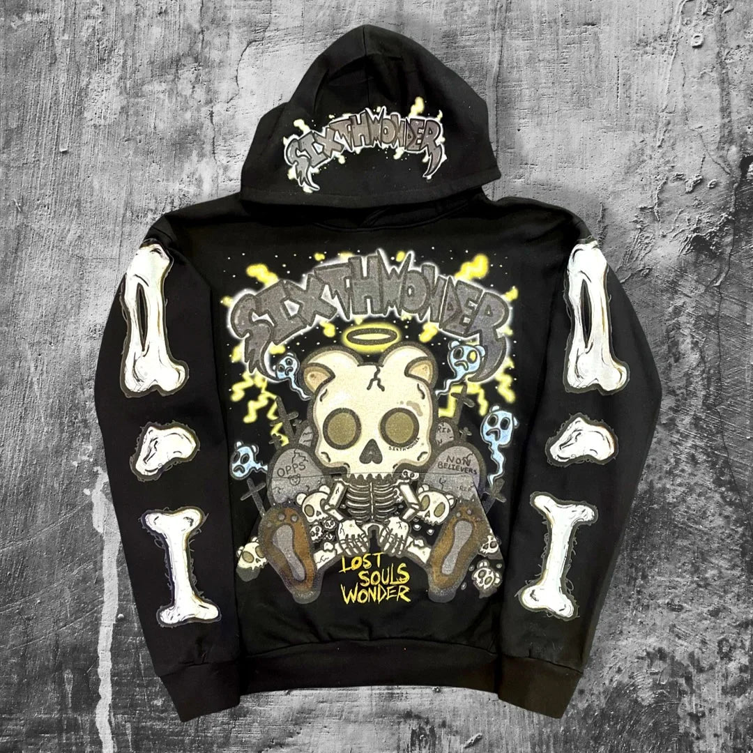 Dark Cartoon Embroidered Hooded Sweatshirt - Fashionpara