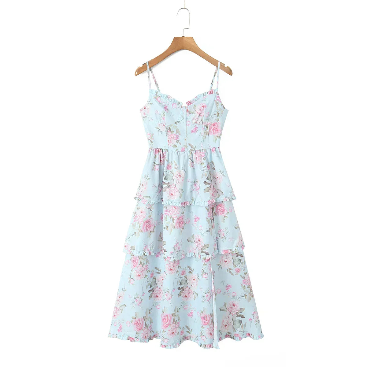 Floral Corset Sweetheart Tiered Ruffle High Low Midi Dress - View 4
