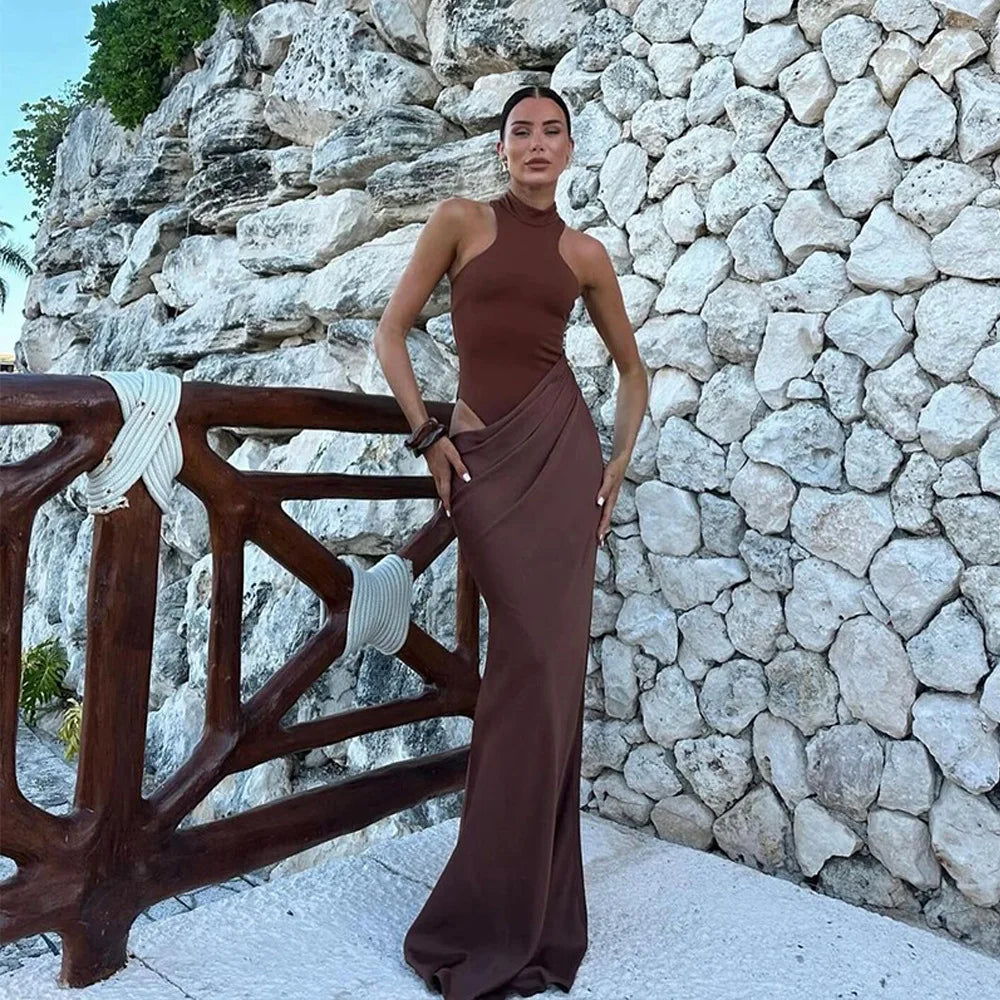 Halter Neck Sleeveless Ribbed Bodice Draped Waist Satin Maxi Gown - View 2