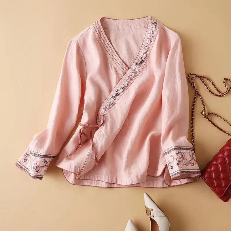 Embroidered Trim V-Neck Long Sleeve Wrap Blouse 4