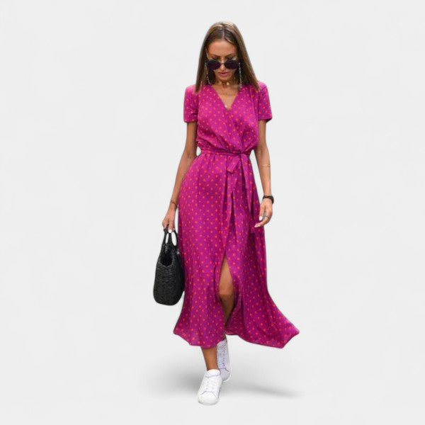 Floral V-Neck Short Sleeve Belted Wrap High Low Midi Dress 6