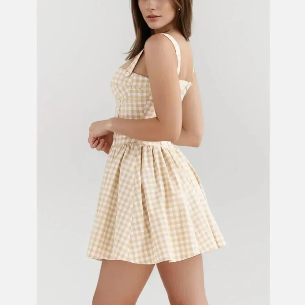 Gingham Print Square Neck Corset Paneled Pleated Mini Dress - View 2