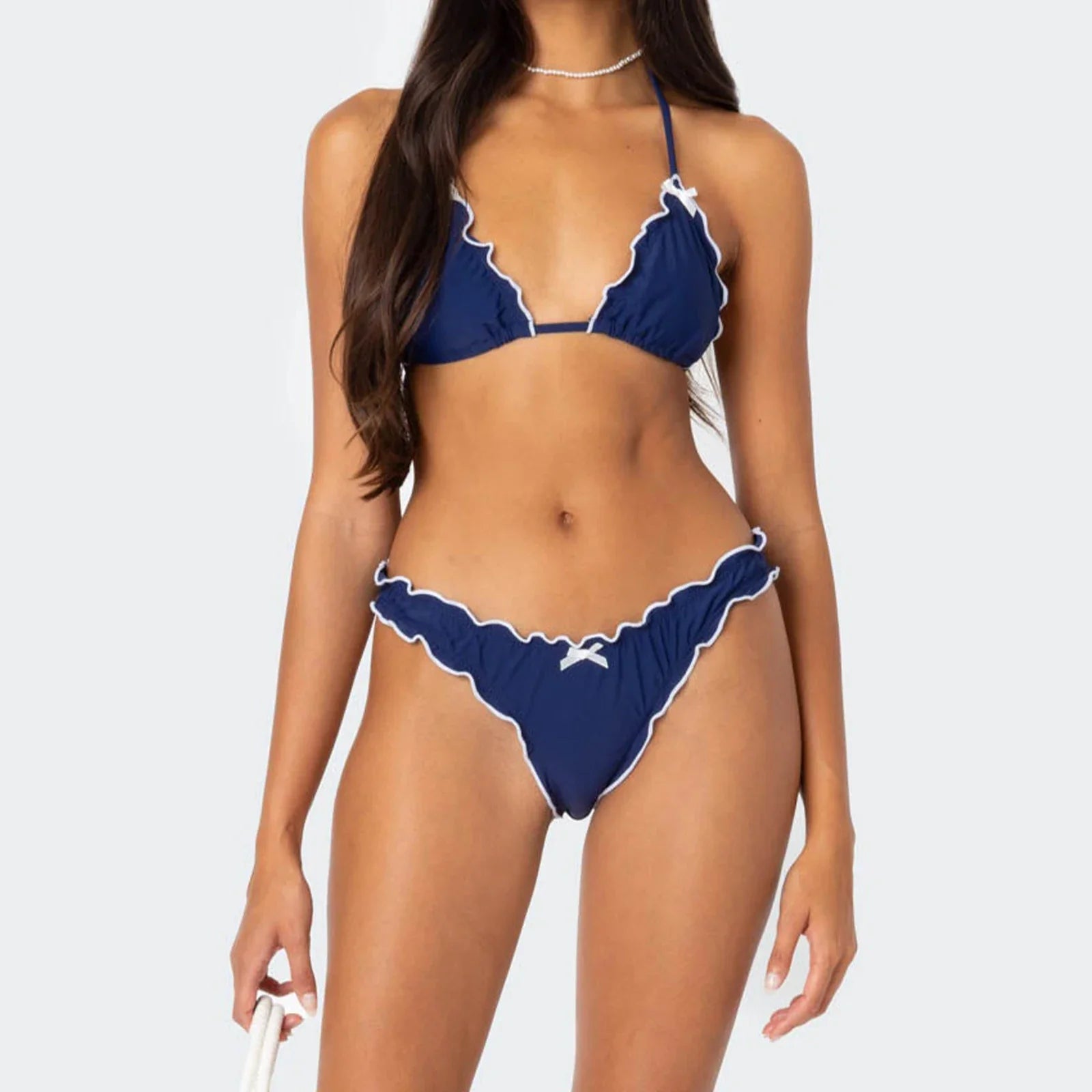 Solid Color Lettuce Trim Bikini Set - Fashionpara