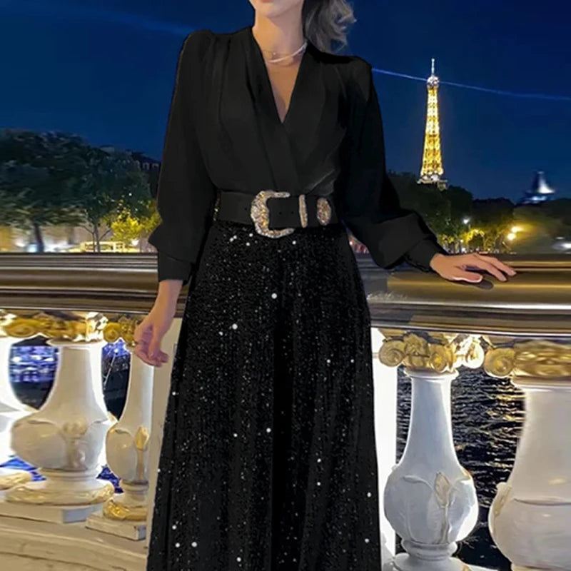Elegant Sequin Wide Leg Pants and V-Neck Blouse Set