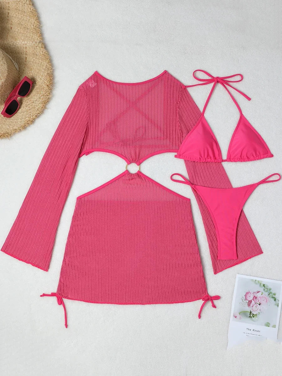 Sheer Long Sleeve Bikini Cover-Up Three Piece Swimsuit