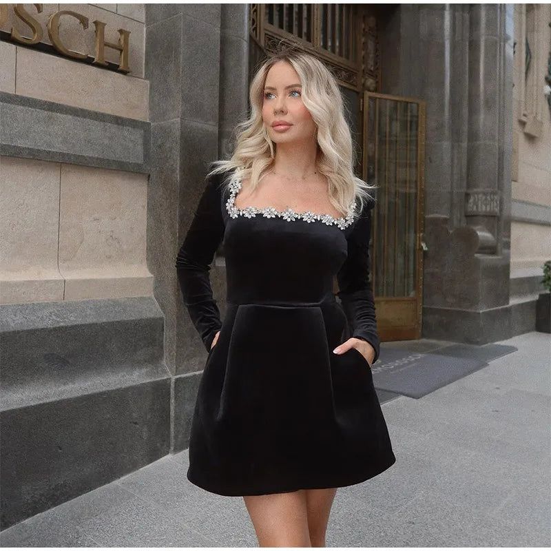 Black Rhinestone Velvet Mini Dress - View 9