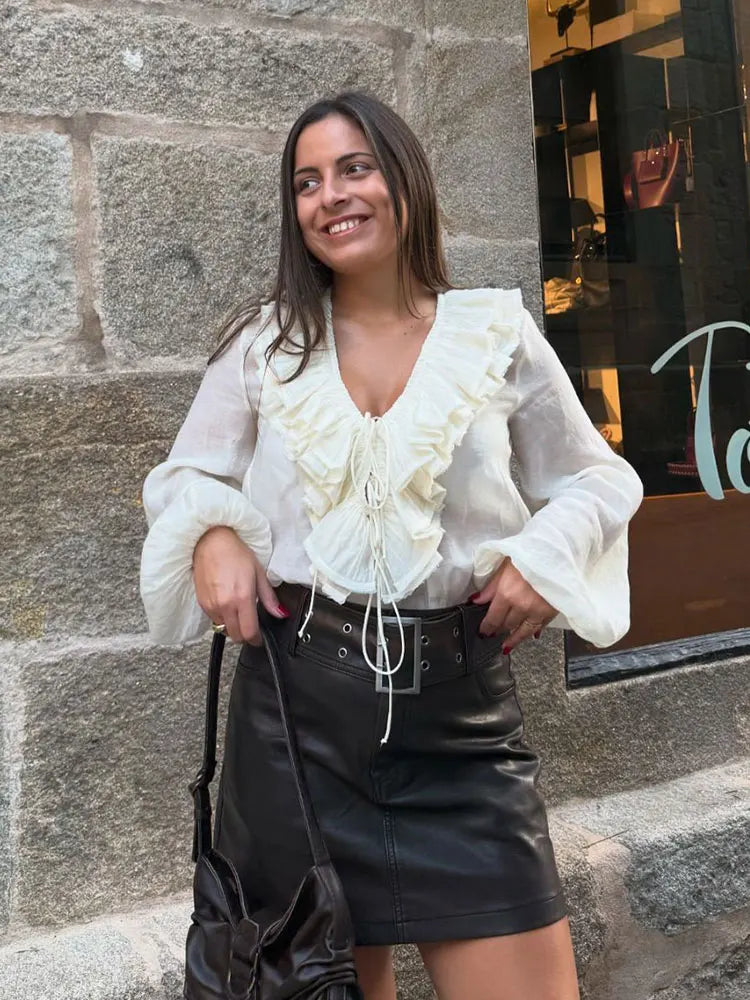 Spring Lace-Up Tiered V Neck Blouse