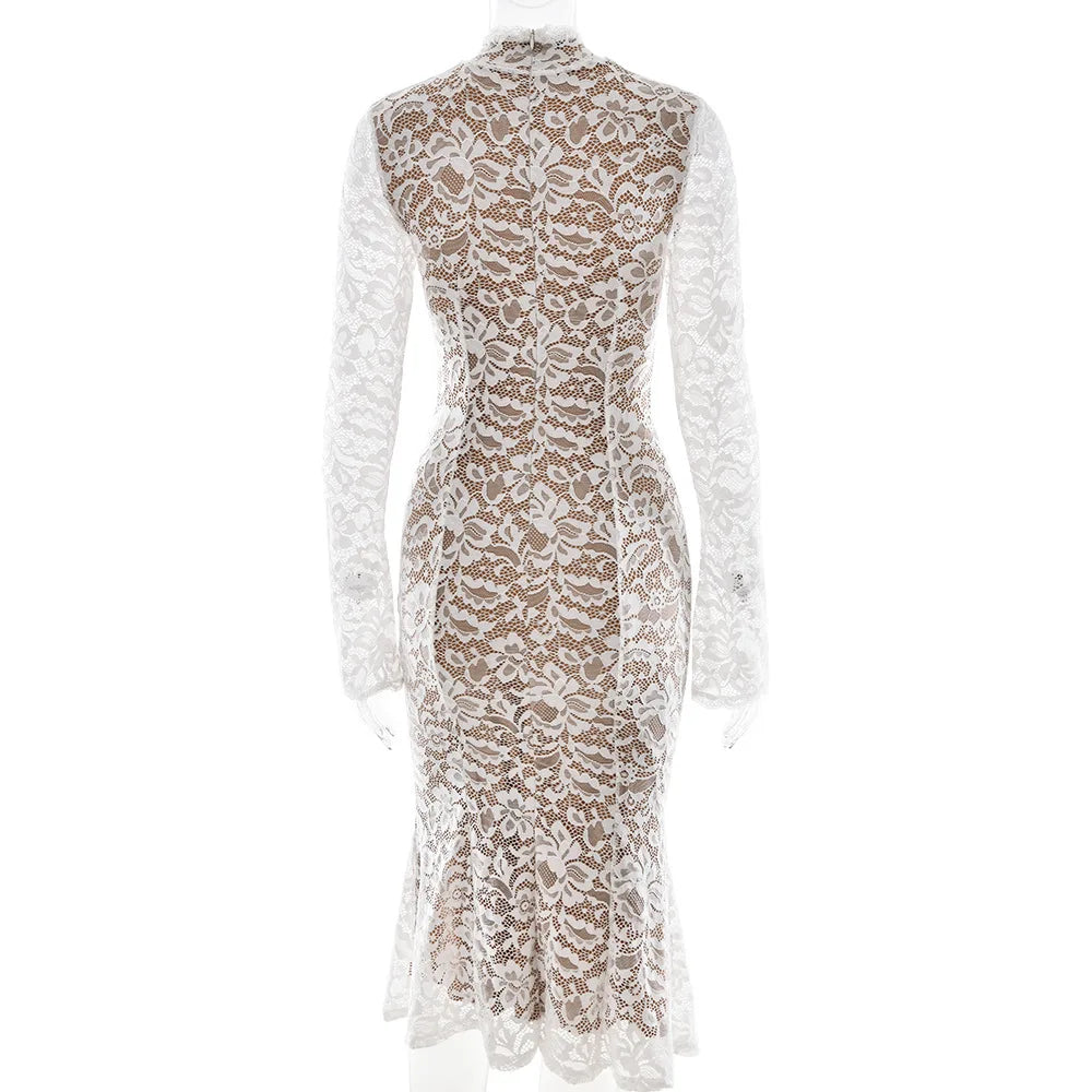 Floral Lace Mock Neck Long Sleeve Scalloped Cuff Bodycon Gown - View 10