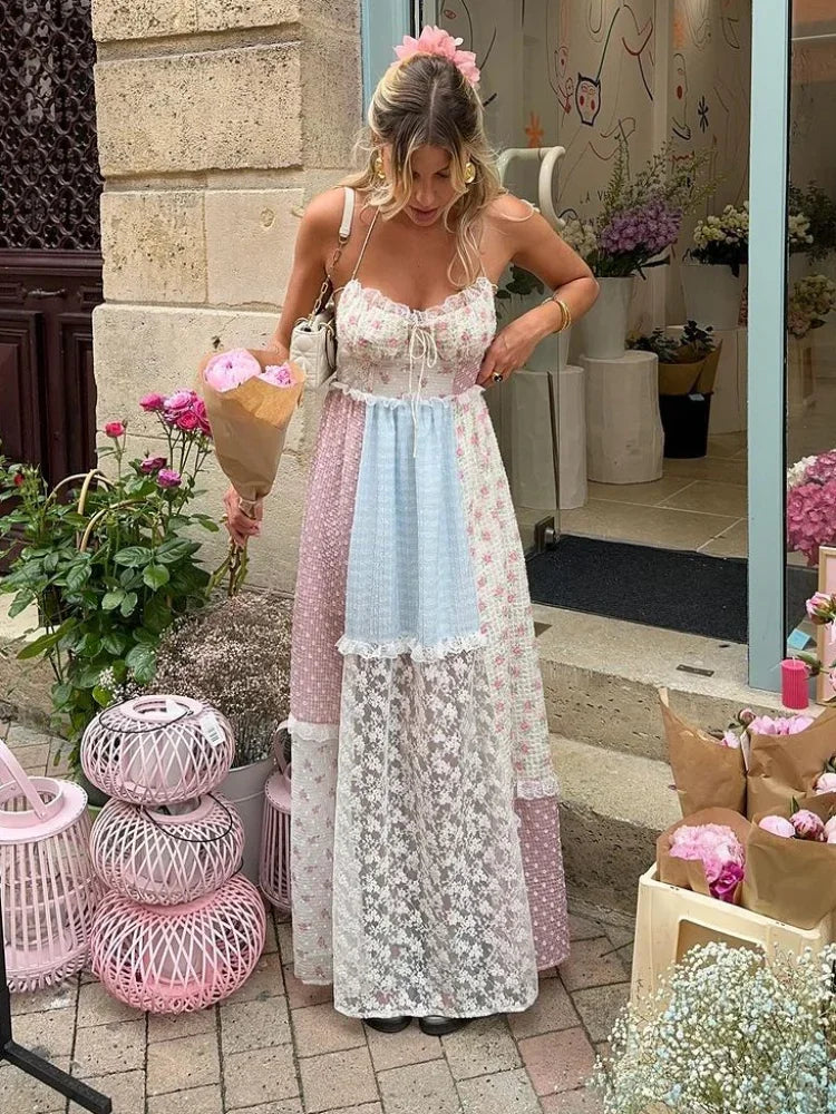 Printed Lace Halter Backless Spaghetti Strap Summer Dress