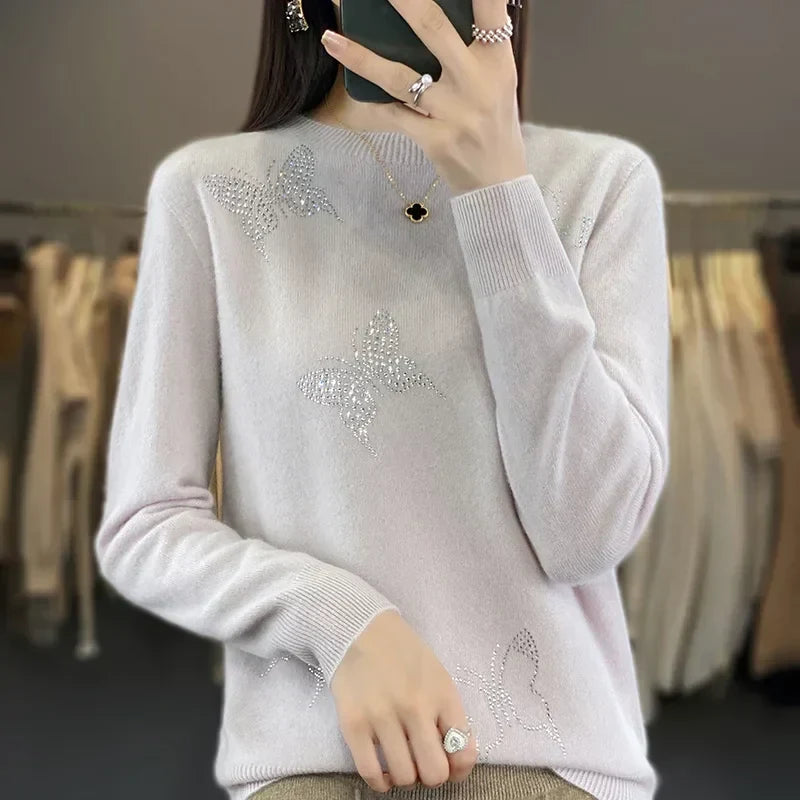 Crew Neck Butterfly Embellished Knit Sweater 5