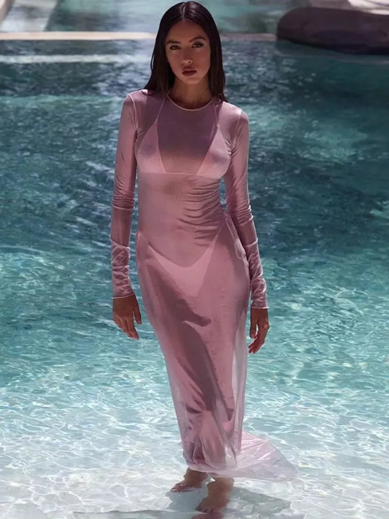 Mesh Long Sleeve Crew Neck Bodycon Maxi Dress - View 2