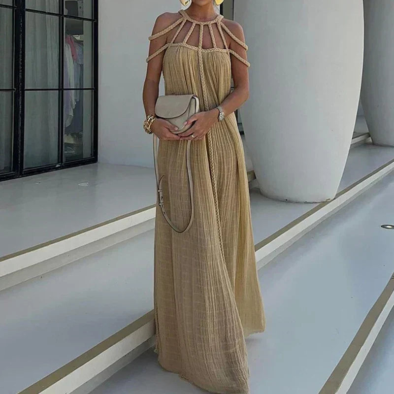 Braided Rope Trim One Shoulder Belted High Split Maxi Dress - View 10