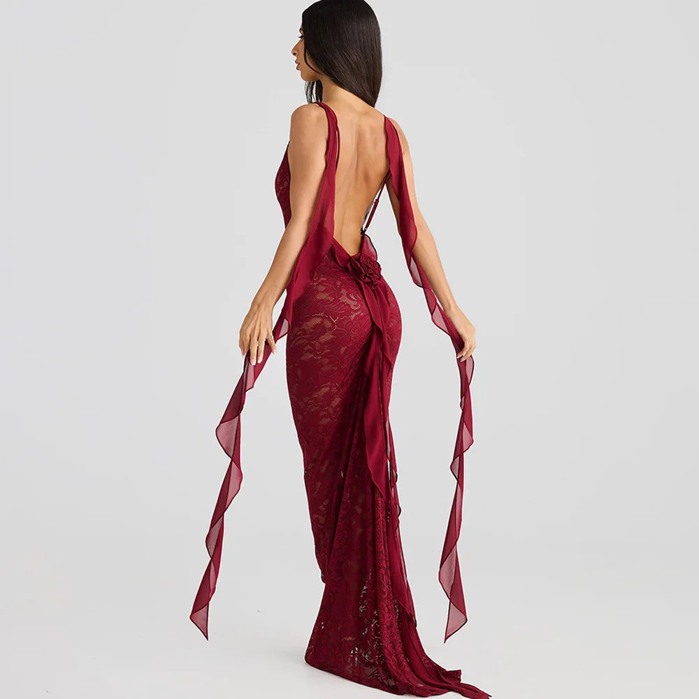 Lace Patchwork Backless Trailing Long Dress - View 9
