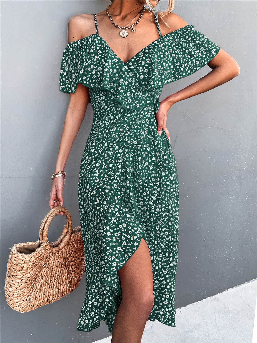Cold Shoulder Ruffle Trim Wrap Tie Waist High Split Midi Dress - View 4