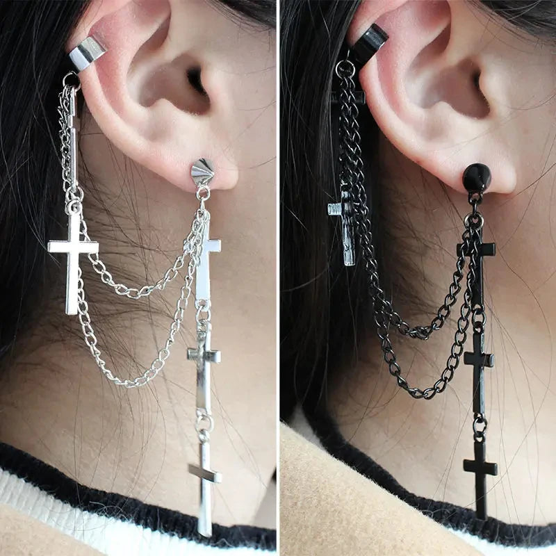 Genderless Punk Cross Fringe Chain Clip Earring