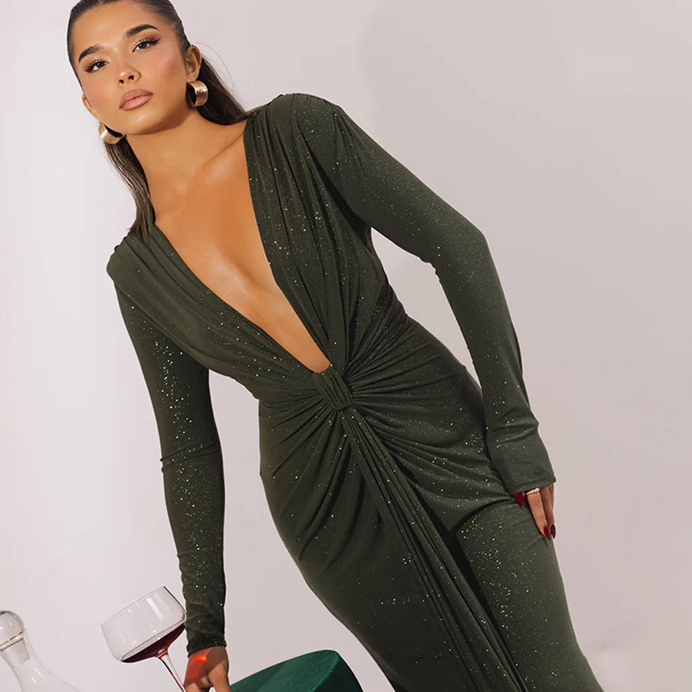 Elastic Deep V - Fold Lace Maxi Dress - View 22