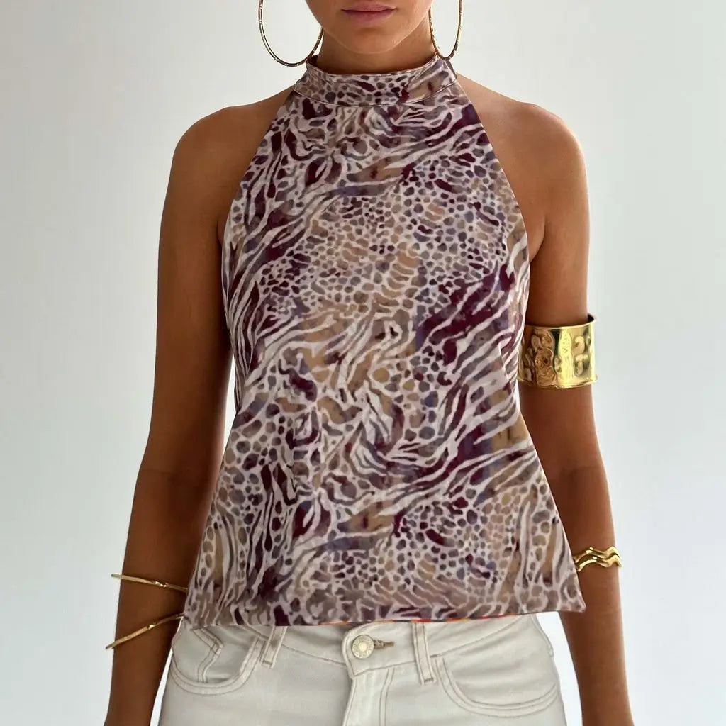 Y2K Button Closure Halter Backless Tie-Dye Cami Top - Fashionpara