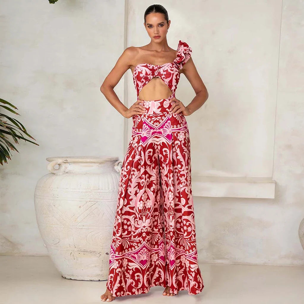 One Shoulder Print Pants Two Piece Set