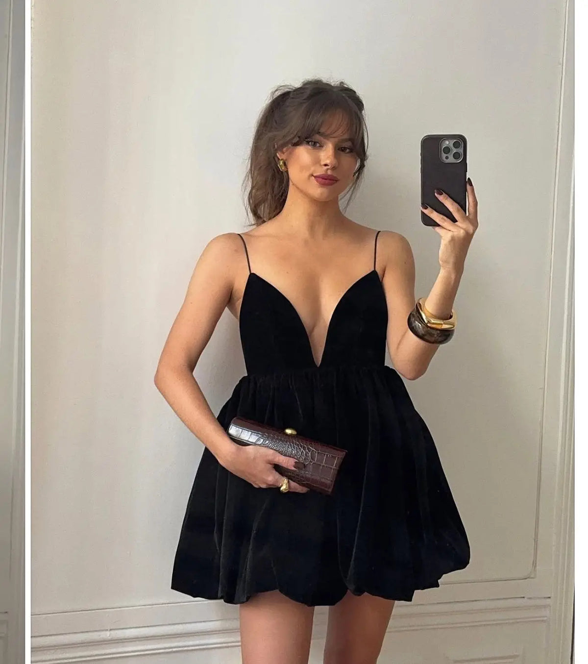 Velvet Deep V Neck Mini Lantern Dress - View 3
