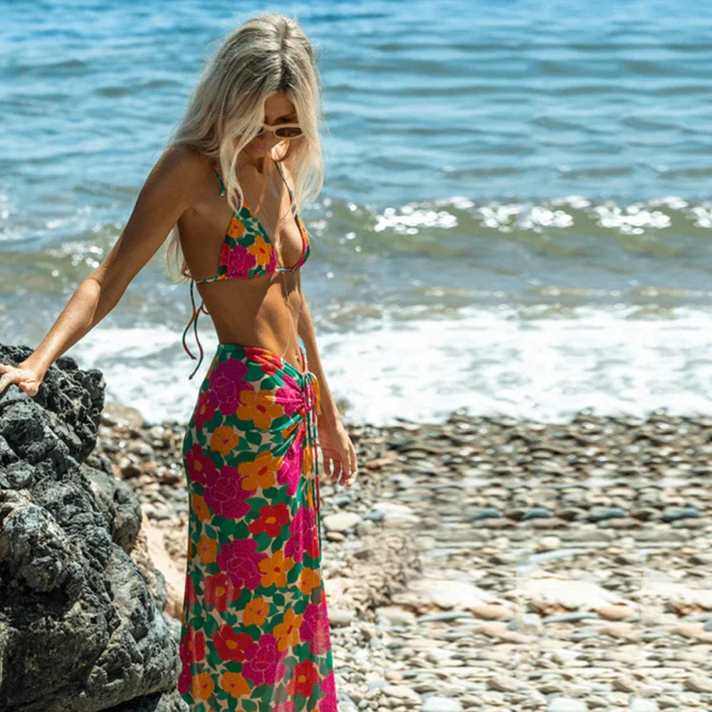 Long Skirt Print Three Piece Swimsuit