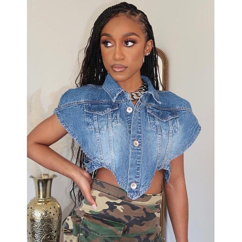 - Sexy Sleeveless Single-breasted Blue Denim Vest Women's Turn-down Collar Cut Out Short Jean Jacket All-match Tank Coats