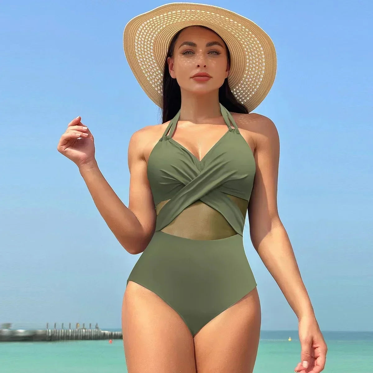 Solid Mesh V-neck One Piece Set
