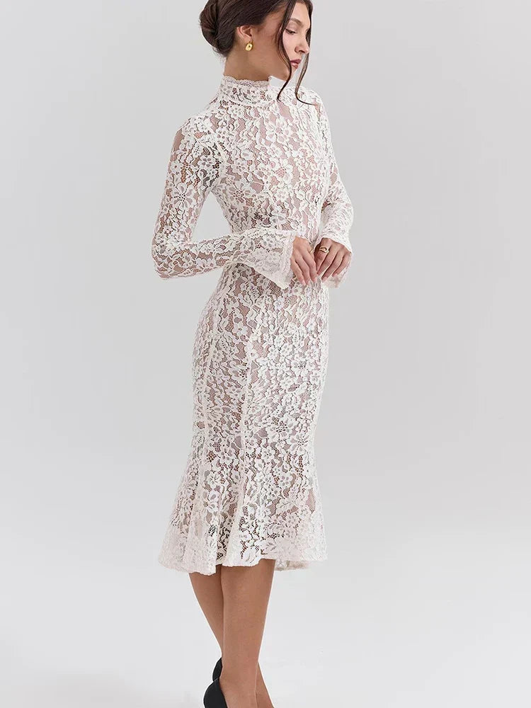 Lace White Long Sleeve Turtleneck Dress - View 4