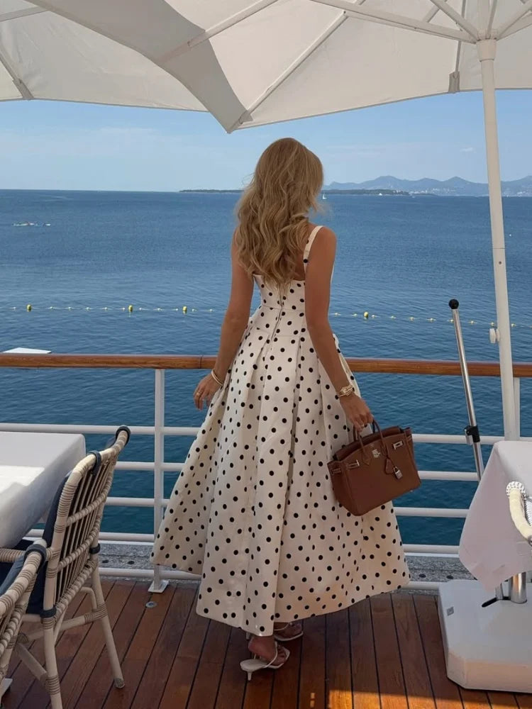 Polka Dot Square Neck Lotus Hem Silk Dress - Fashionpara