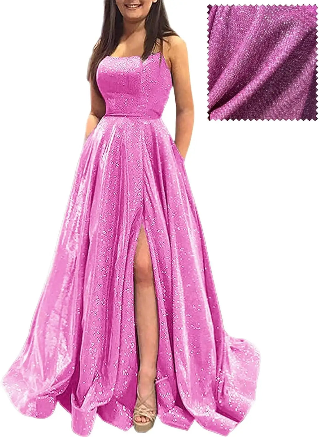 Elegant A-Line Formal Evening Gown with Pockets and Glitter - Fashionpara