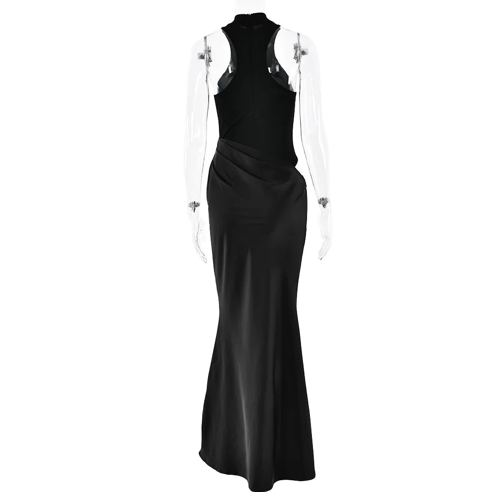 Halter Neck Sleeveless Ribbed Bodice Draped Waist Satin Maxi Gown - View 25