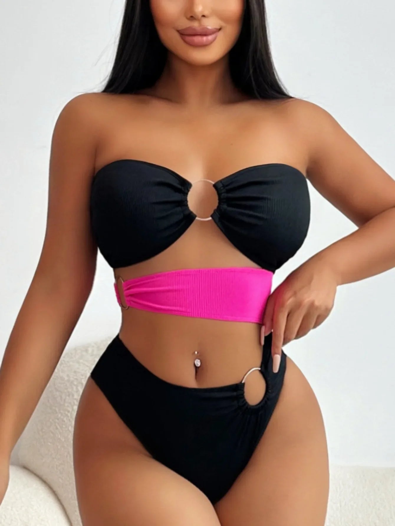 Patchwork Bandeau Hollow Bikini Set - Fashionpara