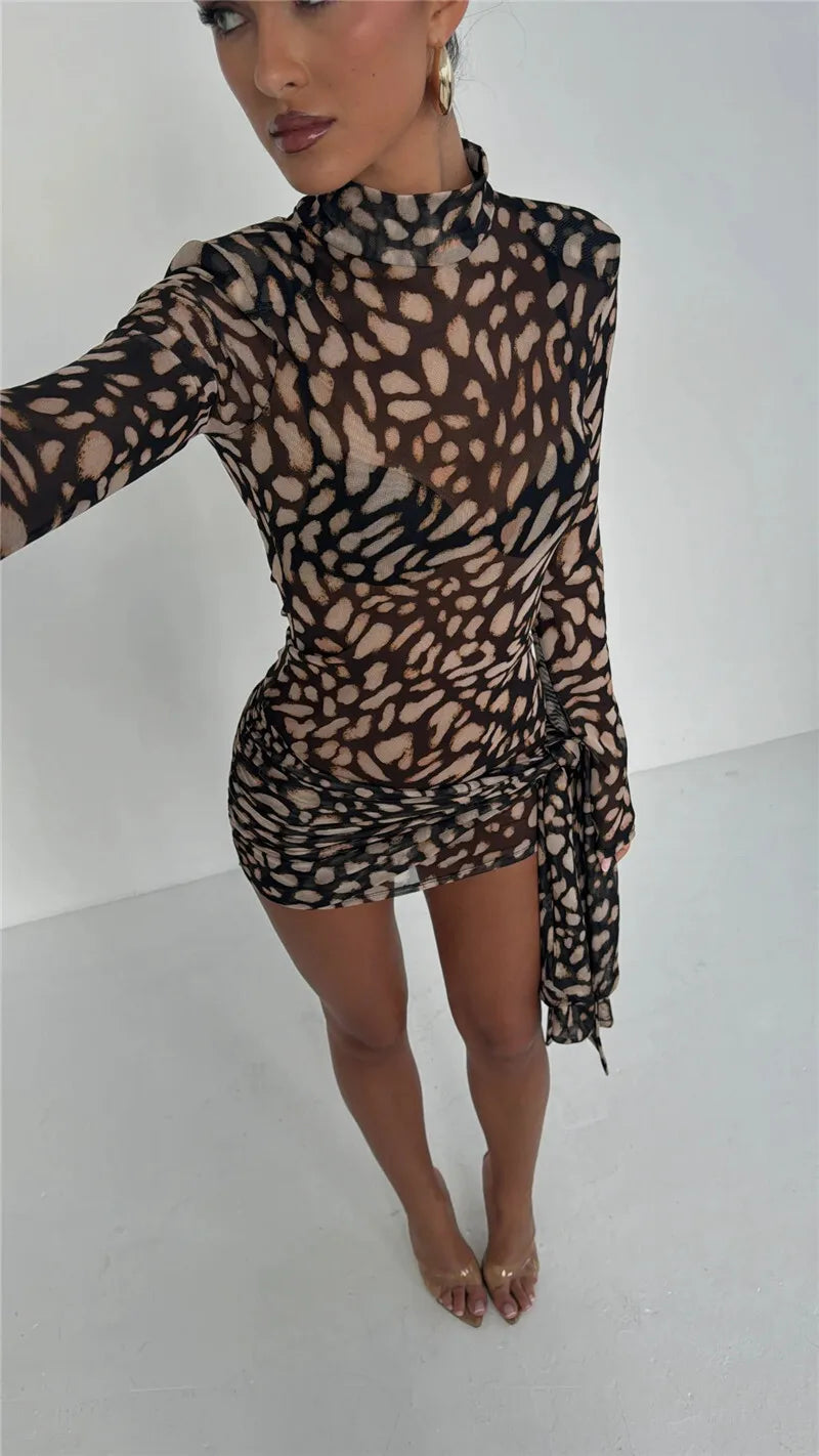 Mesh Leopard Print Turtleneck Mini Dress - View 3