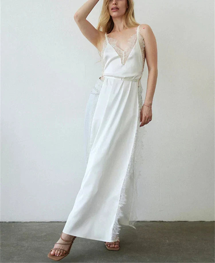 Lace Satin Patchwork High Split Maxi Dress - View 11
