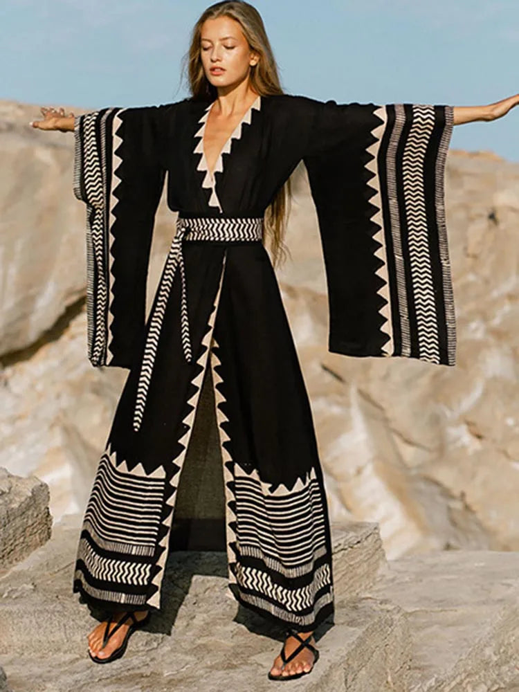 Contrast Color Long Sleeve Bikini Cover Up