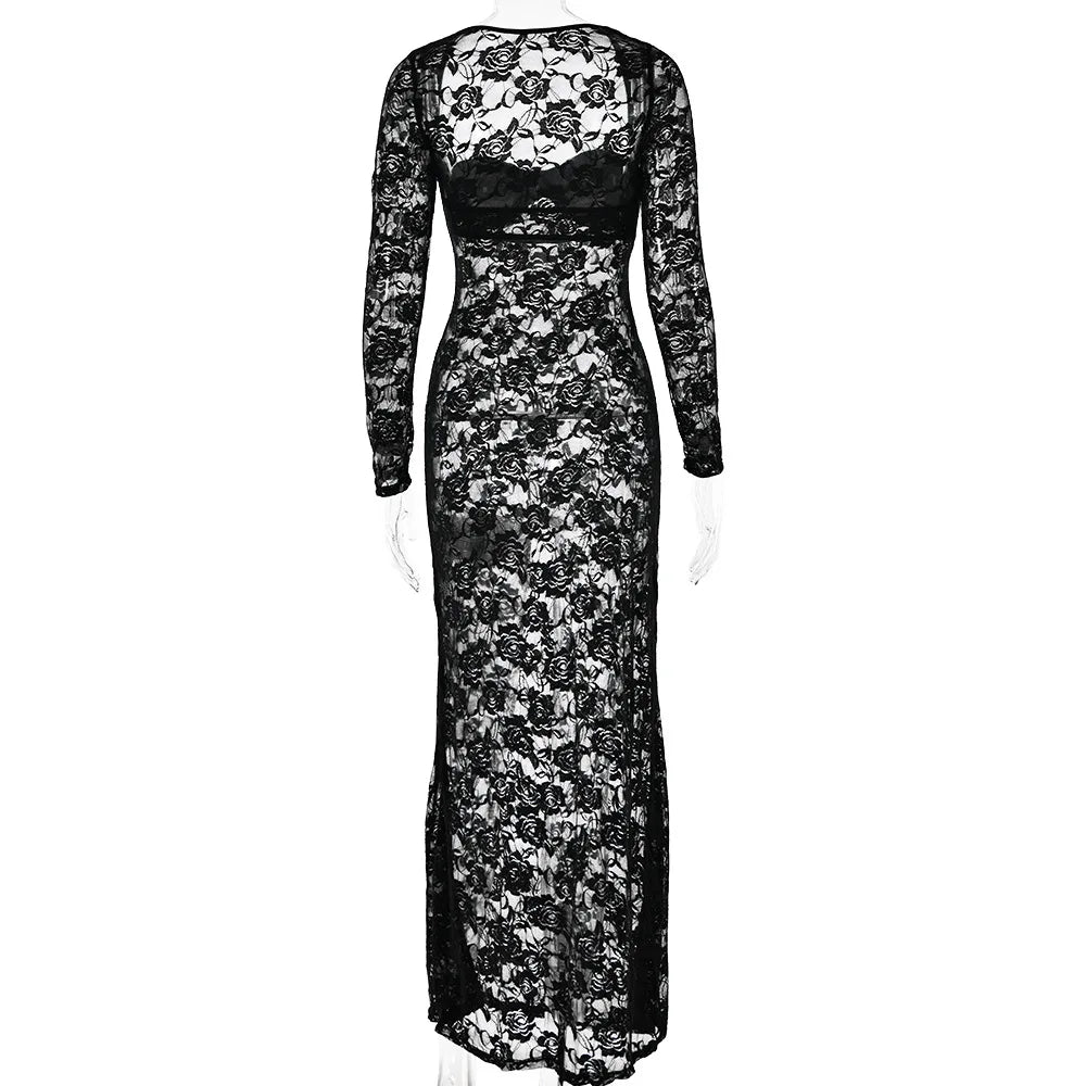 Perspective Lace Hollow Out Bodycon Maxi Dress - View 25