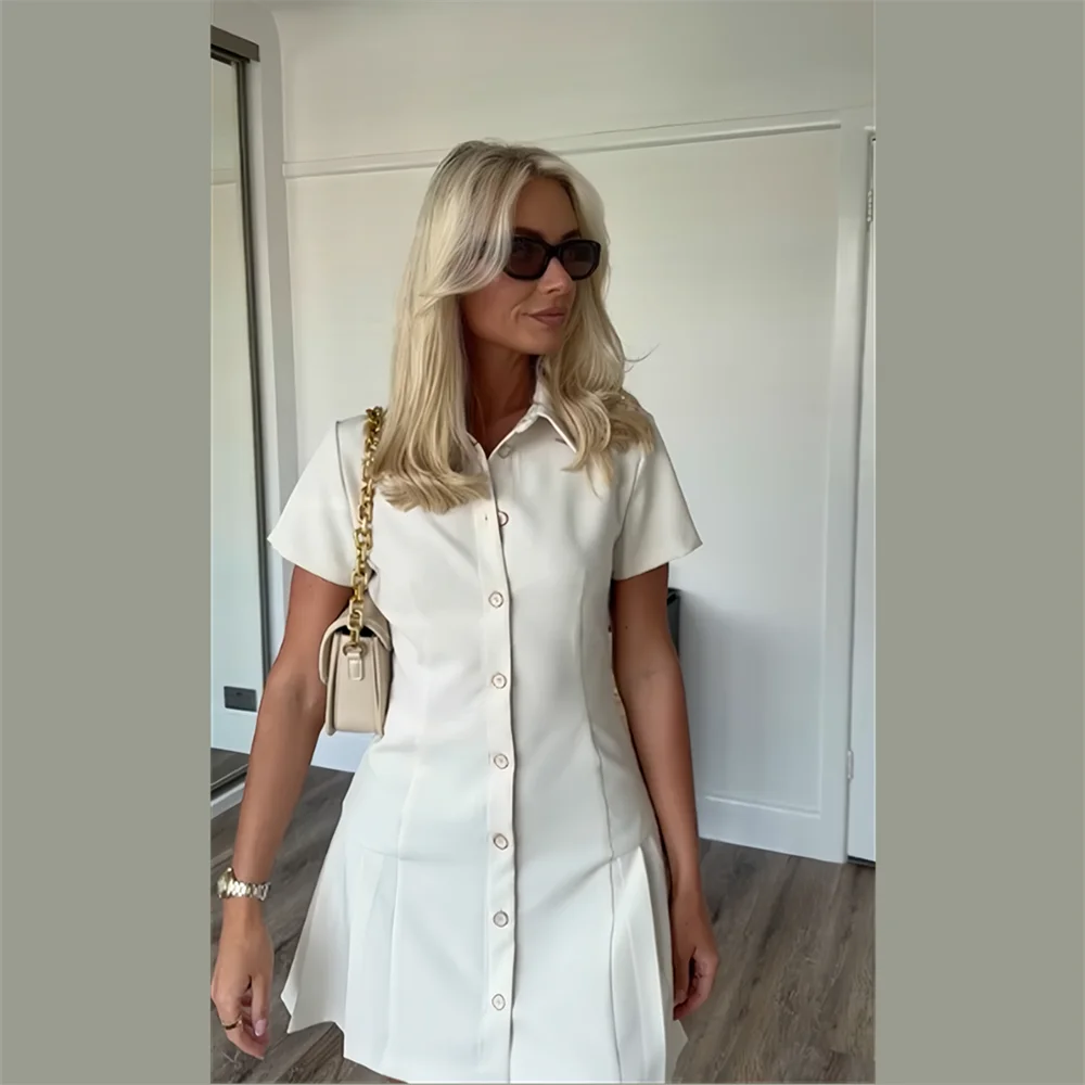 Slim Fit Waist Shirt Style Short Sleeve Work Dress