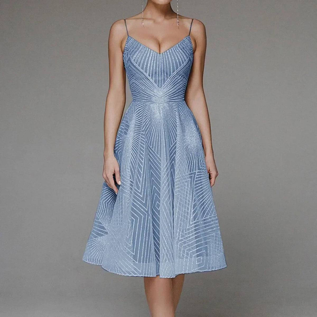 Mesh Overlay Spaghetti Strap Deep V-Neck Geometric Midi Dress - View 5