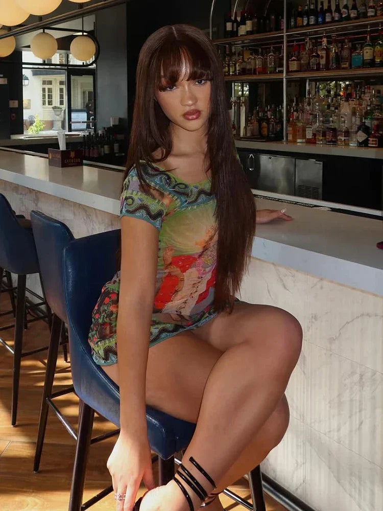 Abstract Print Off-Shoulder Short Sleeve Bodycon Mini Dress