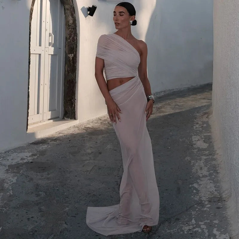 Mesh Backless One - Shoulder Long Dress - View 14