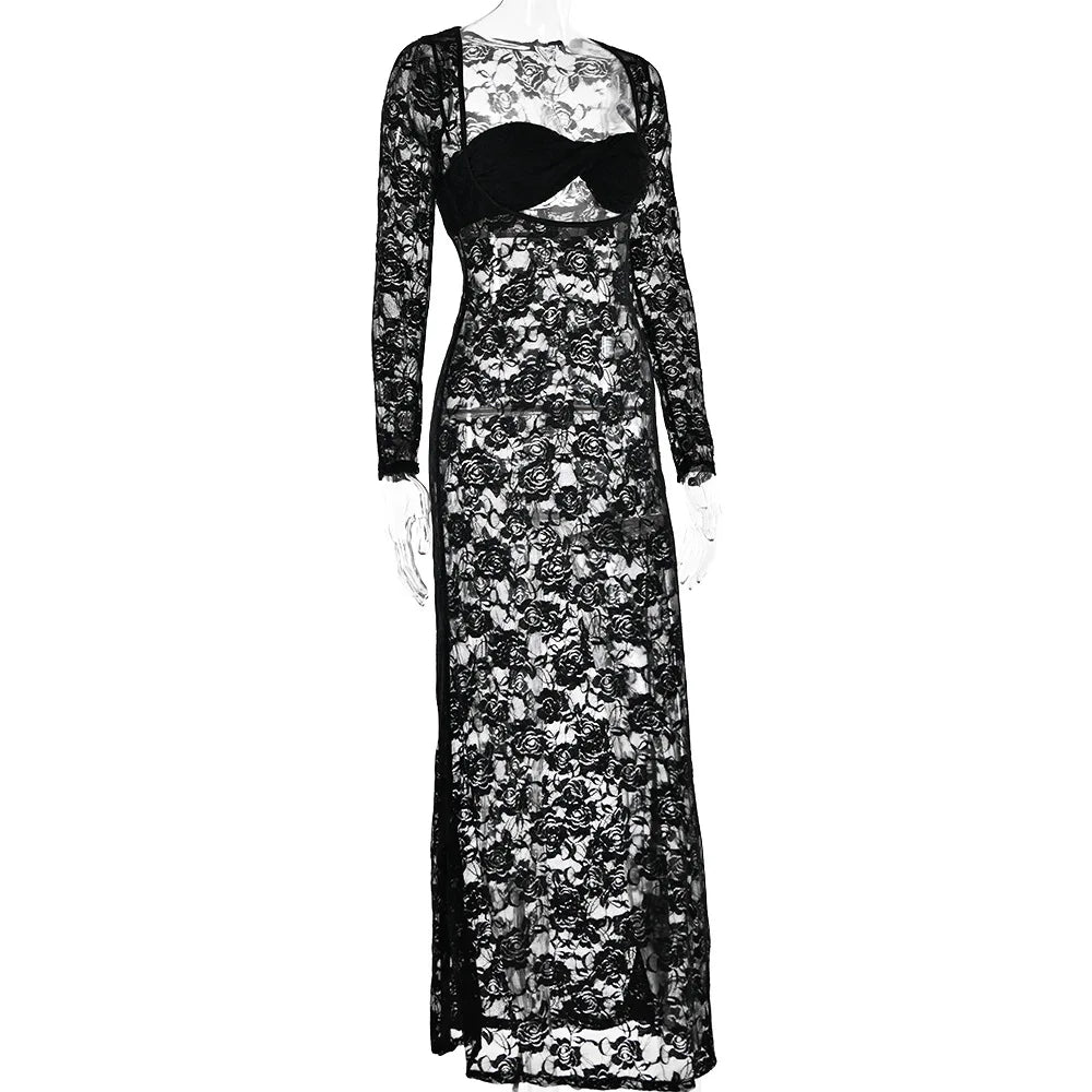 Perspective Lace Hollow Out Bodycon Maxi Dress - View 24