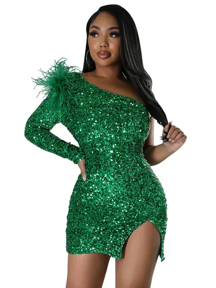 Sequin One Shoulder Long Sleeve Bodycon Mini Party Dress - View 8