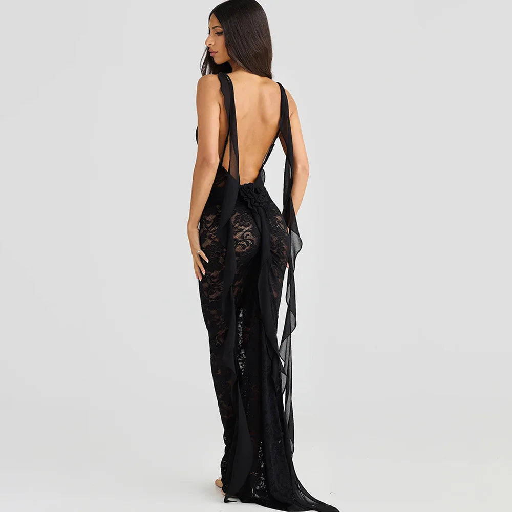 Lace Patchwork Backless Trailing Long Dress - View 13