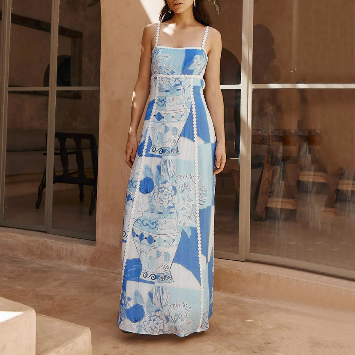Printed Long Strap Backless Maxi Boho Dress