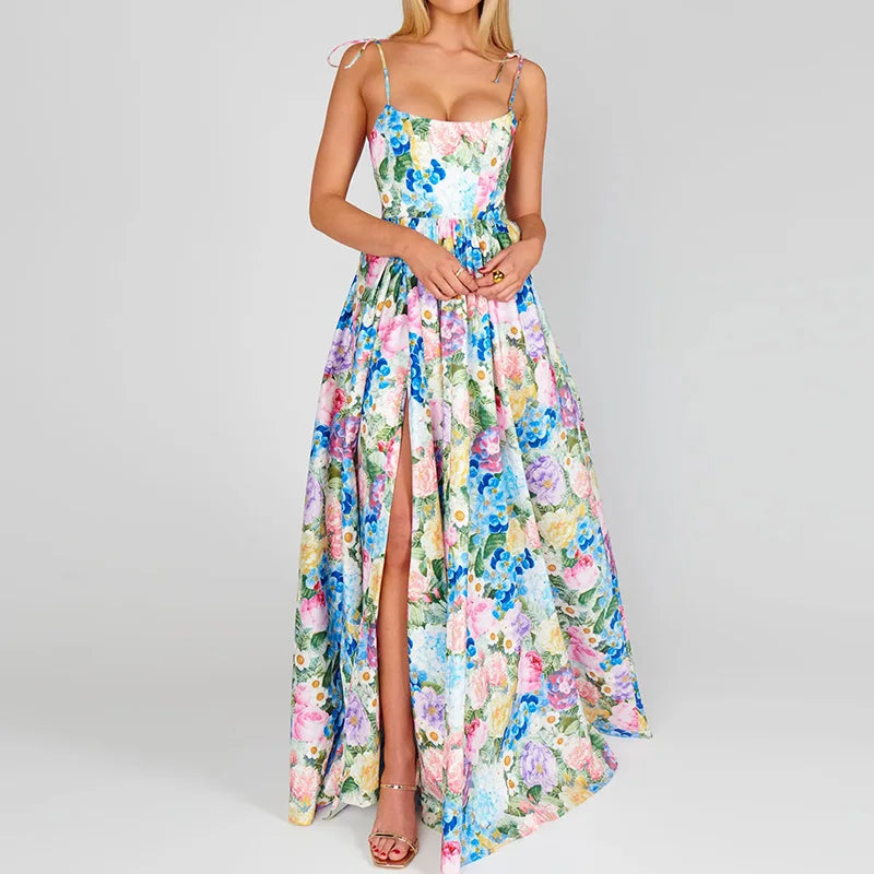 Elegant Floral Print Off-Shoulder Pleated Gown for Women