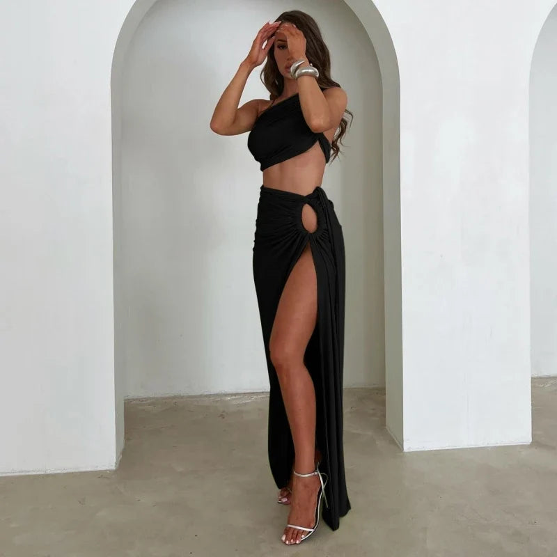 Solid Oblique Shoulder Wrapped Slit High Waist Two Piece Skirt Set