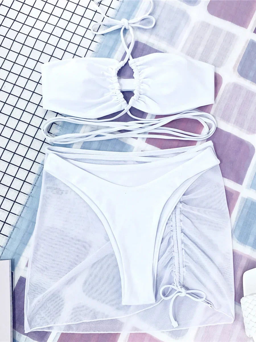 Mesh Sarong Skirt Bikini Three Piece Swimsuit