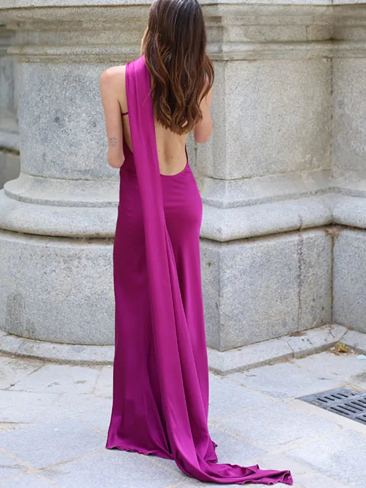 Satin Scarf Collar Halter Maxi Dress