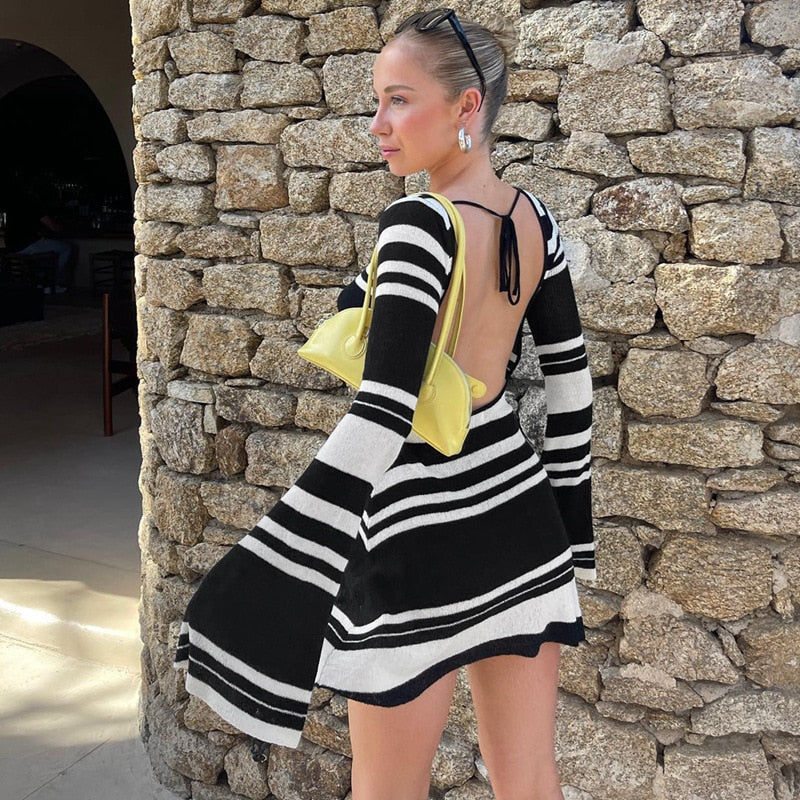 Striped Long Sleeve Backless Knit Mini Dress